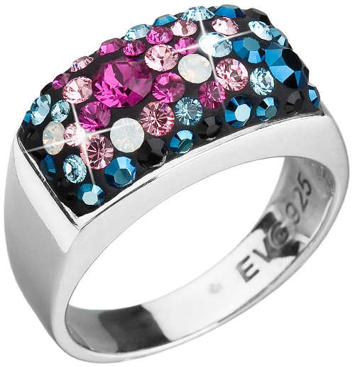 Stříbrný prsten s modrými a růžovými krystaly Swarovski